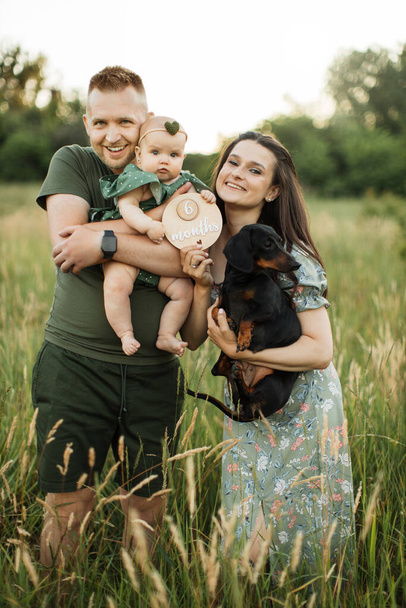 Portrait of happy young parents embracing little cute daughter and their dog celebrate six months since the birth of a child while standing on the field on fresh air. - Photo, Image