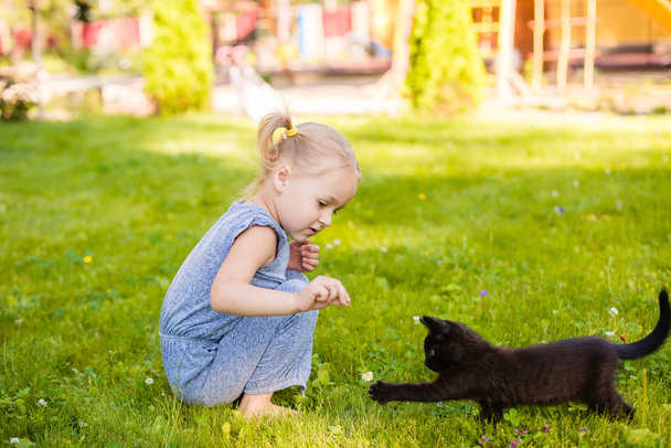 funny little girl playing with kitten - Fotó, kép