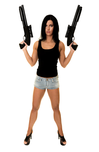 Kaunis nainen kahdella aseella
 - Valokuva, kuva