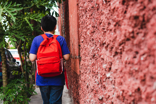Το μαυρομάλλικο αγόρι από πίσω πηγαίνει σπίτι μετά το σχολείο με το κόκκινο σακίδιό του. - Φωτογραφία, εικόνα