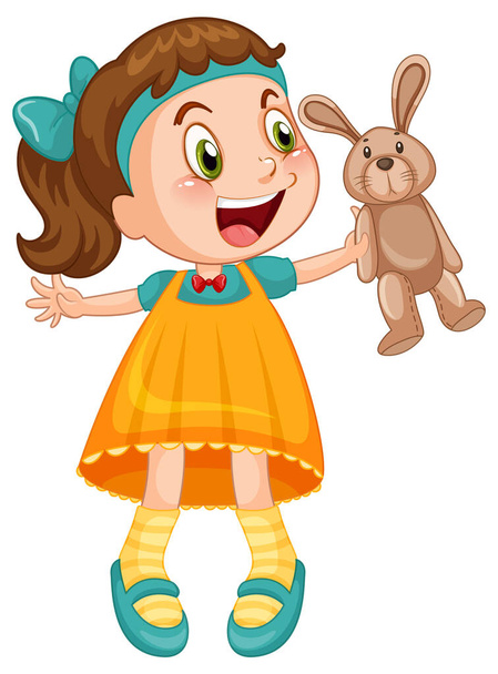 Little cute girl holding rabbit doll illustration - Vector, Image