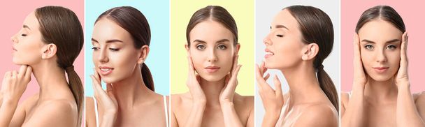 Collage with young woman giving herself face massage on colorful background - Photo, Image