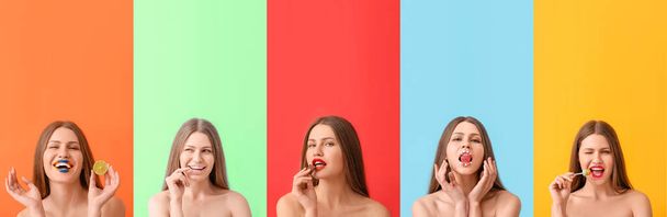 Set of beautiful young woman with unusual makeup on colorful background - Photo, Image