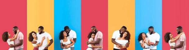 Set of happy African-American couple on colorful background - Fotografie, Obrázek