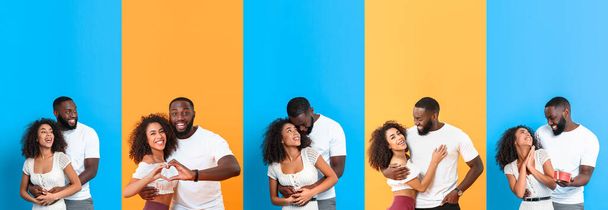 Set of happy African-American couple on colorful background - 写真・画像