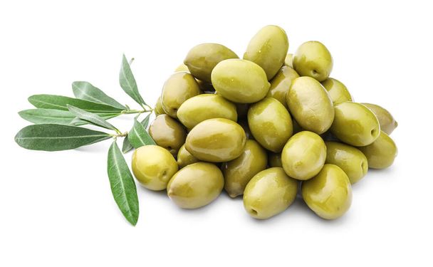 Heap of green olives on white background - Photo, Image