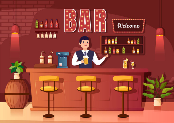 Bar o pub alla sera con bevande alcoliche Bottiglie, barista, tavolo, interni e sedie in camera al coperto in illustrazione del fumetto piatto - Vettoriali, immagini