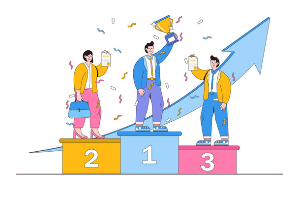 Employee award recognition, achievement reward, top star performance of the month, best sales champion or certificate concepts. Business employee standing on podium winning trophy for competition. - ベクター画像