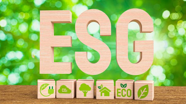 esg wood text bedeutet ökologische soziale und Corporate Governance 3d Rendering - Foto, Bild