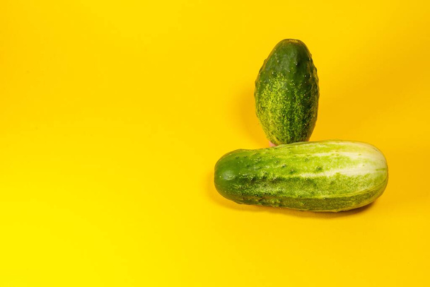 two green ripe cucumbers stacked on top of each other. cucumbers on a yellow background - Foto, Bild