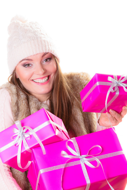 Woman holding many pink gift boxes - Fotó, kép