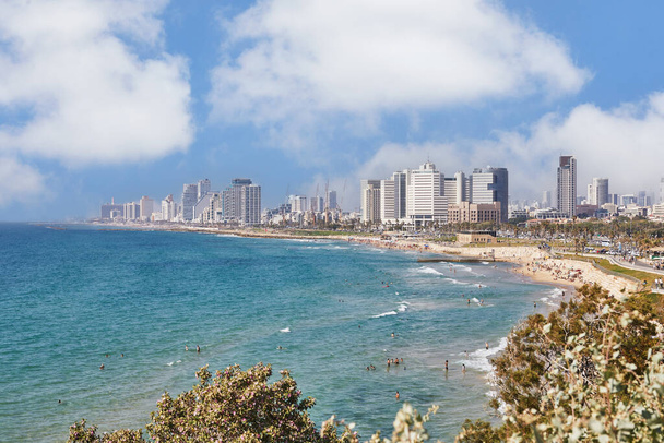 Tel Aviv, Israel - June 3, 2022: Panorama of Tel Aviv coastal strip Mediterranean Sea with hotels from old Jaffa. - Zdjęcie, obraz