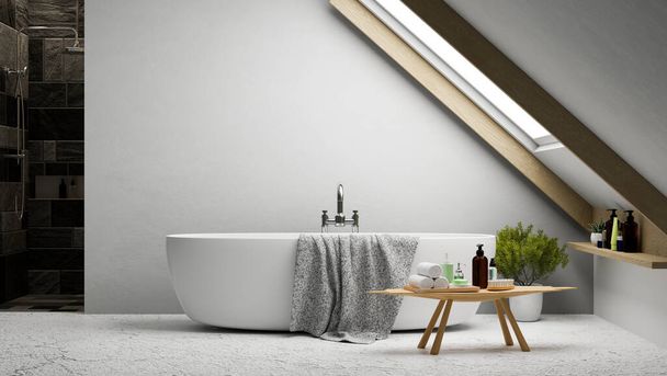 Moderne helle, stilvolle Badezimmereinrichtung mit moderner Badewanne, Handtuch, Badezimmerprodukt auf dem Tisch und Zimmerpflanze. 3D-Darstellung, 3D-Illustration - Foto, Bild
