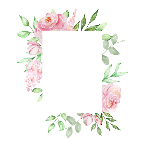 Watercolor rectangular frame of delicate pink roses and green leaves - Photo, image