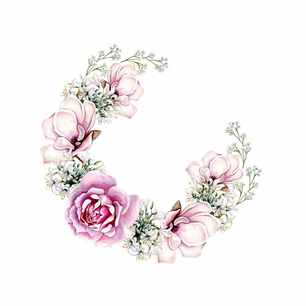 Στεφάνι / κορνίζα με πράσινα φύλλα, ροζ λουλούδια. Για προσκλήσεις γάμου, ταπετσαρίες, μόδα. Τριαντάφυλλο, μανόλια, πράσινα φύλλα, αγάπανθος. - Φωτογραφία, εικόνα