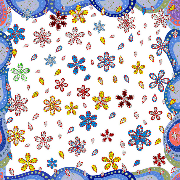 Mandala vector floral flor oriental para colorear libro página esquema plantilla alfombra. Colores rojo, blanco y azul. Patrón sin costura con flores. - Vector, Imagen