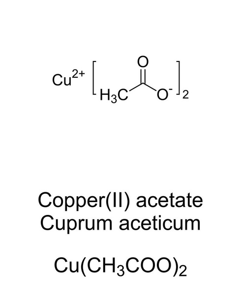 Copper(II) acetate, chemical formula. In homeopathy Cuprum aceticum. Also known as verdigris, copper ethanoate or cupric acetate. Toxic, but used as fungicides and green pigments since ancient times. - Vektori, kuva