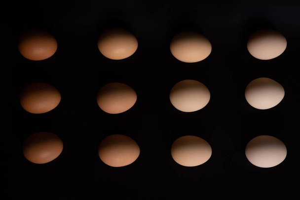 Eggs of different shades lie in rows on a black background - Valokuva, kuva