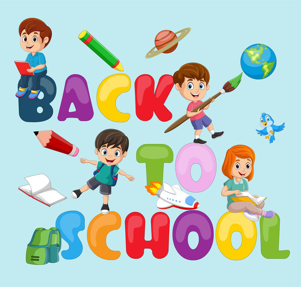 Vector illustration of Cartoon happy children Back To School - Vektor, kép