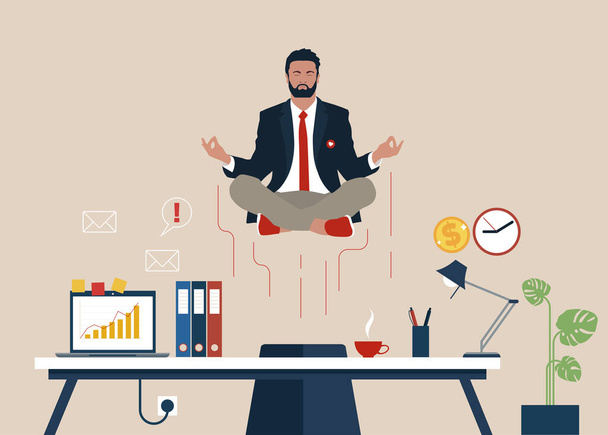 Businessman doing yoga to calm down the stressful emotion from hard work in office over desk. Concept of meditation. Modern vector illustration. - ベクター画像