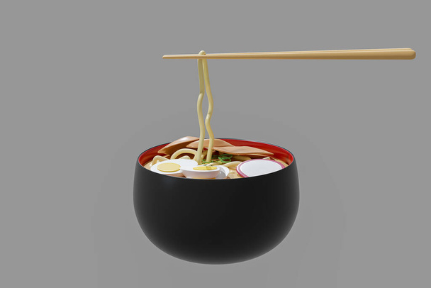 Udon marhahússal és egy főtt tojás és evőpálcika 3d render, elszigetelt szürke színű háttér, illusztráció 3D Renderelés - Fotó, kép