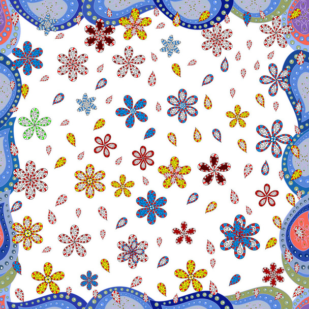 Ornamental doodle red, blue and white colors. Round mandala in childish style. Nature seamless pattern with abstract ornament. - 写真・画像