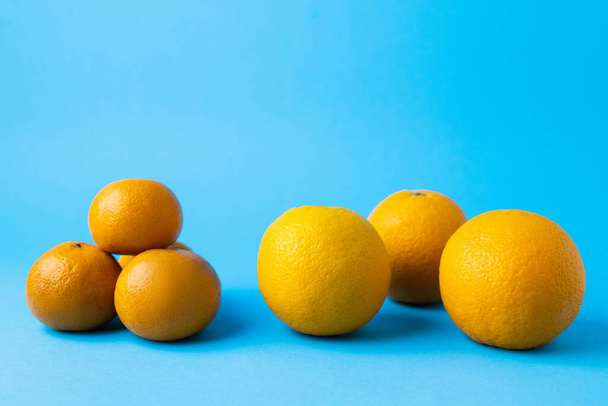 Natural tangerines and oranges on blue background - 写真・画像