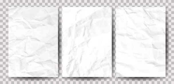 Набор морщинистой белой бумаги формата А4. Смятые пустые листы бумаги с тенью для плакатов и баннеров. Векторная иллюстрация - Вектор,изображение
