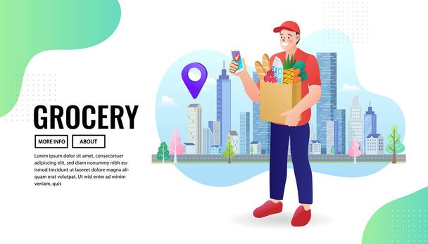 Food delivery boy. Courier bicycle delivery man with parcel box on the back. fast and free shipping concept. online ordering. Ecommerce order notification message. Modern Vector illustration. - Vector, Imagen