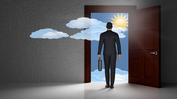 3d illustration. Businessman in front of open door from which the future can be seen, represented as bright sky, is walking towards success in economics and finance. - Foto, afbeelding