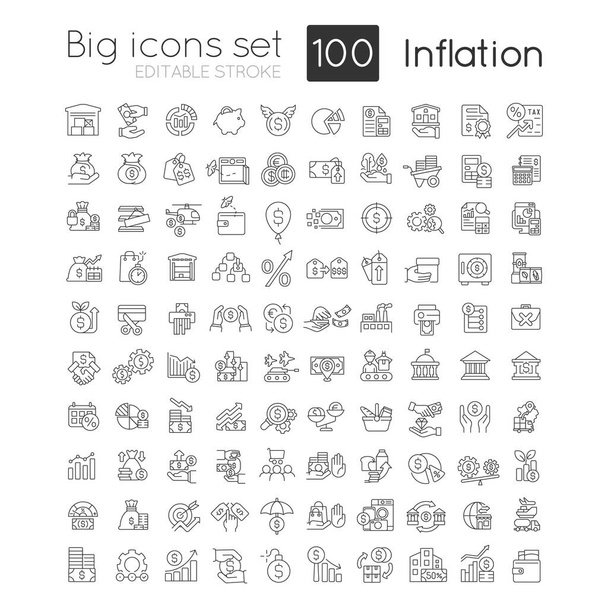 Inflation linear icons set. Increasing prices. Currency value. Economic crisis. Customizable thin line symbols. Isolated vector outline illustrations. Editable stroke. Quicksand-Light font used - Vector, Image