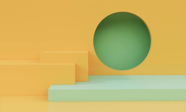 3d background, green pastel and yellow minimal style podium stand for display and showcase of product or cosmetic. - Foto, Imagen