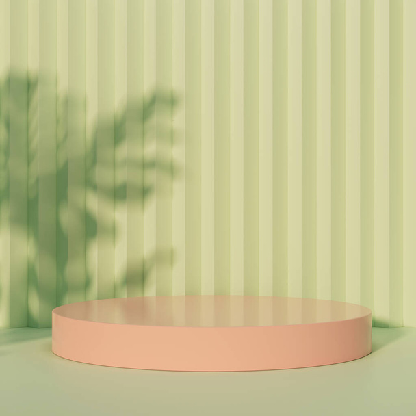 3d background, red pastel cylinder podium stand stage for product display on green pastel wall and floor with leaves shadow on wall. - Photo, Image