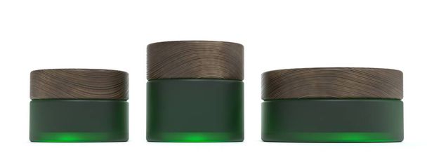 Σετ από τρία πράσινα γυάλινα βάζα καλλυντικής κρέμας με ξύλινα καπάκια, συσκευασία προϊόντων ομορφιάς και φροντίδας και branding 3D καθιστούν το mockup σε λευκό φόντο - Φωτογραφία, εικόνα