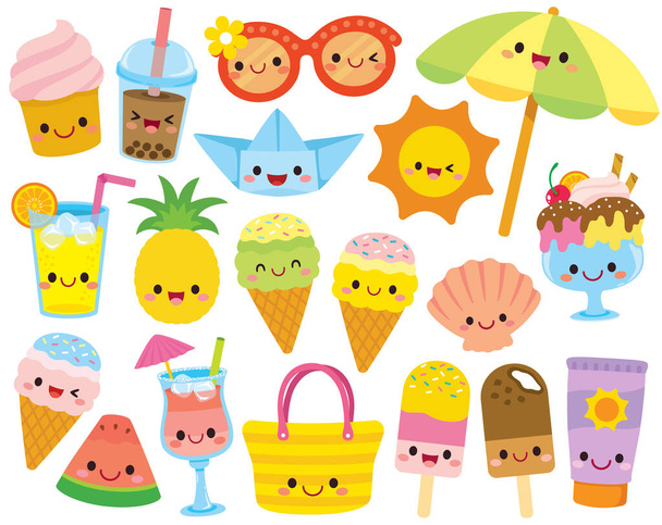 Cute kawaii summer clipart set  cartoon characters of summer and beach related items. - Vector, Image