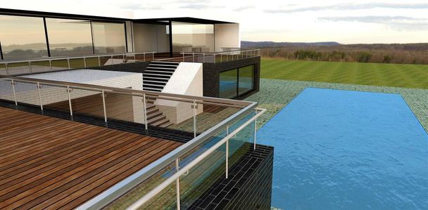 Wooden terrace of amazing high tech house. Big blue water swimming pool. Green field around. 3d render. Good idea for house decor designer. - Zdjęcie, obraz