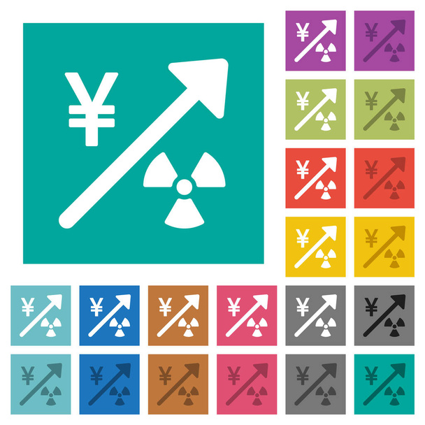 El aumento de la energía nuclear japonés Yen precios iconos planos multicolores sobre fondos cuadrados llanos. Incluidas variaciones de iconos blancos y más oscuros para efectos de flotación o activos. - Vector, Imagen