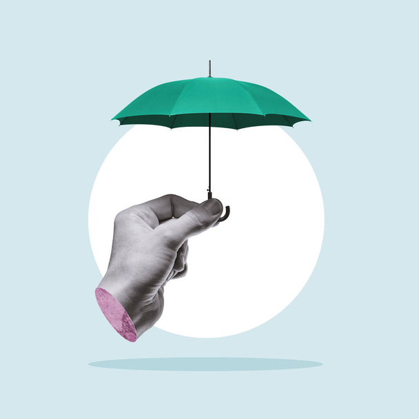 Hide under an umbrella from problems. Art collage. - 写真・画像