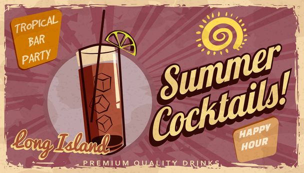 Summer Long Island Cocktail Retro banner. Cocktail lounge vintage φόντο, γδαρμένο παλιό χαρτί υφή. Πρότυπο εικονογράφησης διανύσματος - Διάνυσμα, εικόνα