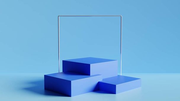 3D рендеринг фона синий кубический подиум и квадратный серебряный орнамент, минимальная сцена подиума рендеринг для макета продукта - Фото, изображение