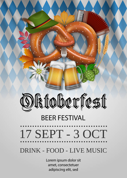 Αφίσα Oktoberfest με πρέτσελ και κούπες μπύρας. Ιστορικό φεστιβάλ μπύρας - Διάνυσμα, εικόνα