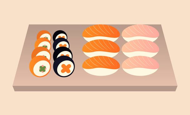 Conjunto de patrones sin costuras de sushi, textura de rollos de sushi, fondo de cocina japonesa, fondos de pantalla, adorno. Ilustración vectorial plana para papel de envolver, embalaje, tela, diseño de cubierta de atún, rollos de salmón - Vector, imagen