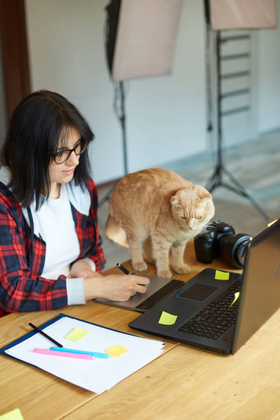 Творческая женщина фотограф с симпатичной кошкой, используя графический рисунок планшет и перо стилус, работая за столом и ретушь фото на планшетном компьютере, Retoucher рабочее место в фотостудии Главная офис с домашним животным - Фото, изображение