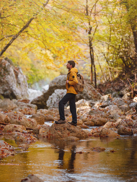 Travel and road trip concept at autumn. Adventure and active lifestyle in nature. Tourist hiking in forest. Caucasian man in yellow jacket walks in woods. - Photo, image