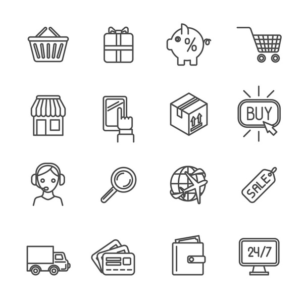 Иконки электронной коммерции для покупок устанавливают плоский контур
 - Вектор,изображение