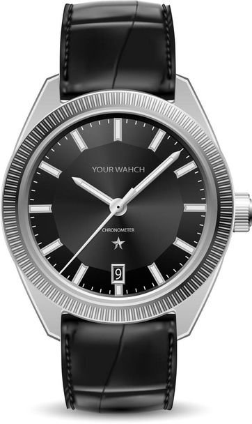 Ρεαλιστικό ρολόι ασημί δερμάτινο λουράκι μαύρο σε λευκό σχεδιασμό κλασικό διάνυσμα πολυτέλεια - Διάνυσμα, εικόνα