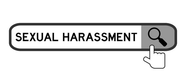 Search banner in word sexual harassment with hand over magnifier icon on white background - Vector, imagen