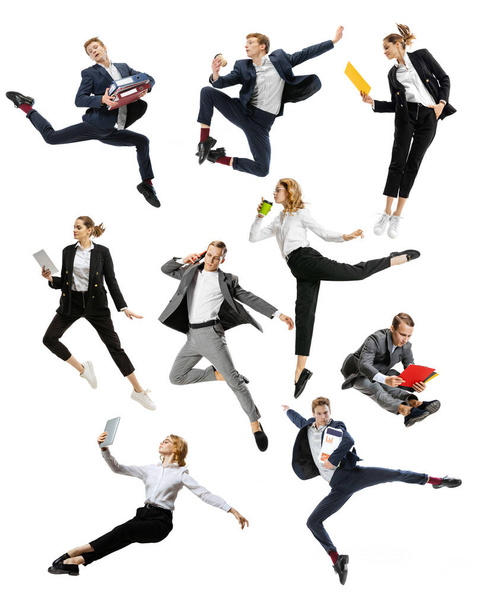 Collage of group of young workers, businessmen jumping and dancing in business style clothes with folders, coffee, tablet. Contemp dancers. Business, start-up, open-space, motion, action. - Fotó, kép