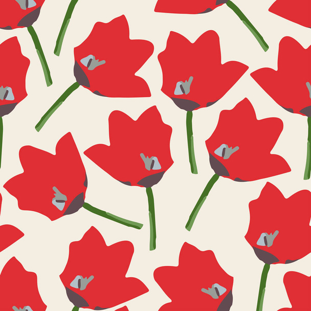 seamless plants pattern background with red hand drawn flowers , greeting card or fabric - Vector, imagen