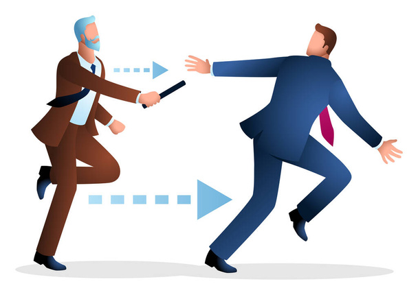 Older businessman passing baton to younger businessman in relay race, regeneration, teamwork, vector illustration - Vetor, Imagem